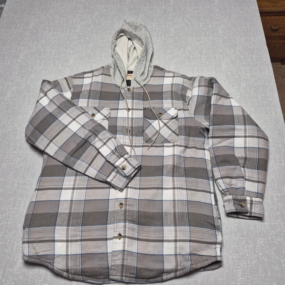 Wrangler Authentics Mens Plaid Hooded Flannel Shirt Jacket Gray White L NEW